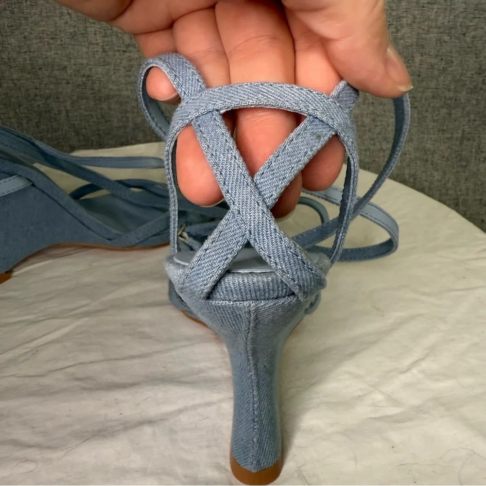 Pretty Little Thing Size 4‎ Blue Jean Denim Wedge Ankle Wrap Sandals